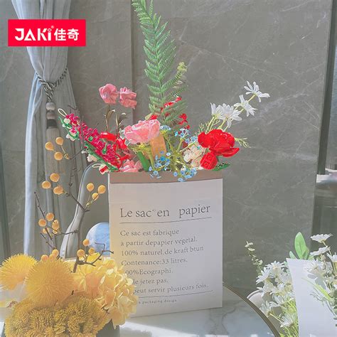 Jaki佳奇积木花束玫瑰永生花diy拼装玩具桌面摆件送女友生日礼物虎窝淘