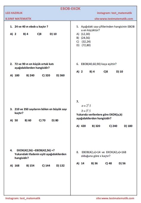 çarpanlar ve katlar testi ebob ekok test 1 Test Matematik