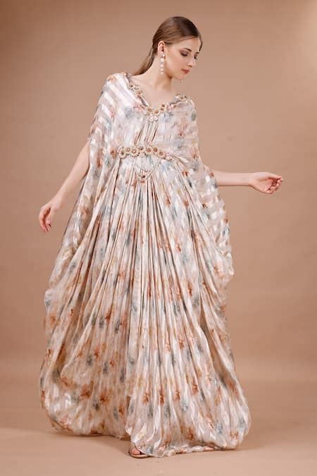 Buy Peach Satin Printed Floral Stripe V Neck Kaftan For Women By Merge Design Online At Aza