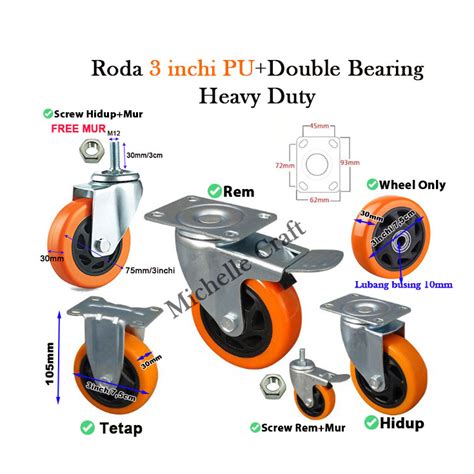 Jual Roda Inchi Pu Heavy Duty Dobel Bearing Caster Troli Etalase Wo