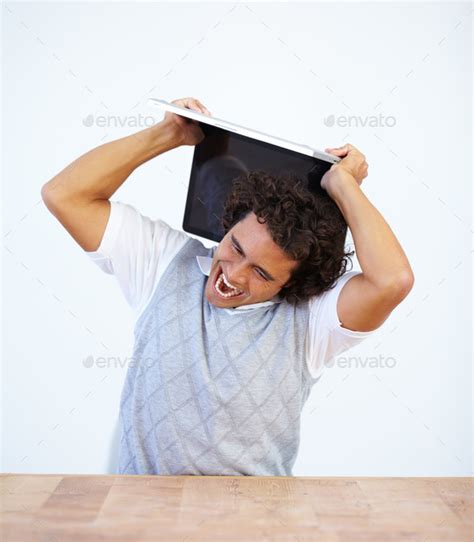 Angry Laptop And Frustrated Businessman Smash His Computer Due To