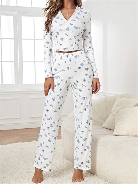 Floral Print Contrast Lace Pj Set Shein Usa