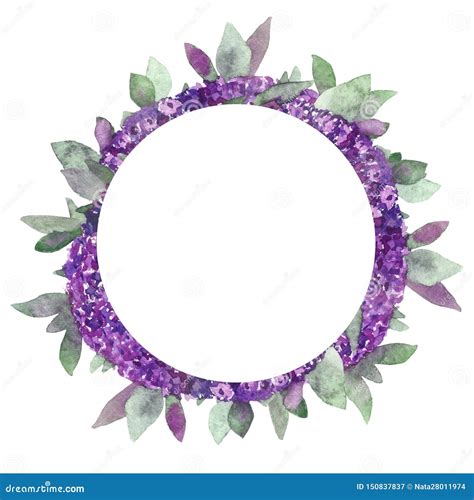 Watercolor Hand Painted Summer Nature Border Frame With Purple Flowers