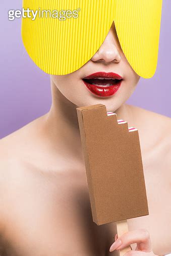 Naked Woman With Red Lips Holding Cardboard Chocolate Ice Cream