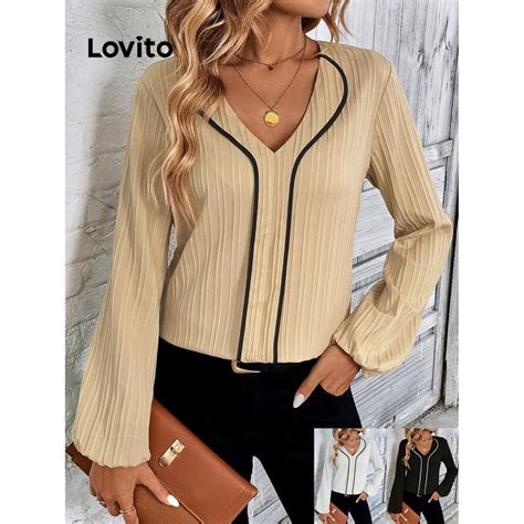 Lovito Casual Plain Contrast Binding Blouse For Women LNL51011 Blus