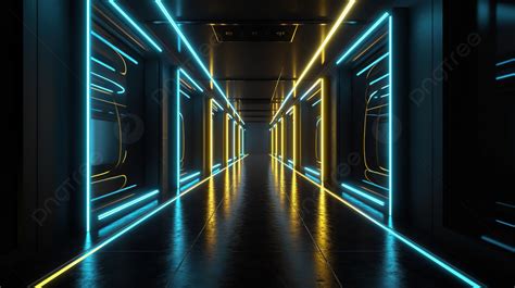 Lorong Futuristik Diterangi Dengan Neon 3d Merender Koridor Logam