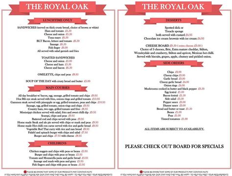 Menu At Royal Oak Pub And Bar Crawley