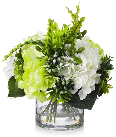 Enova Home Artificial Mixed Fake Silk Hydrangea Flowers Arrangement In Clear Glass Vase For Home