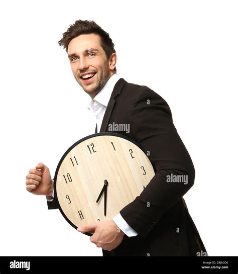 Man In Black Suit Holding Big Clock Is Late For Work On White