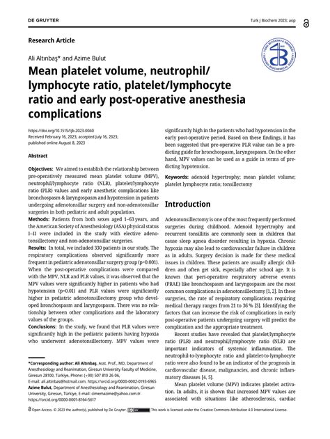 PDF Mean Platelet Volume Neutrophil Lymphocyte Ratio Platelet