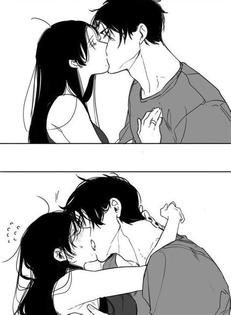 Two Comics Showing The Same Man And Woman Kissing In Front Of Each