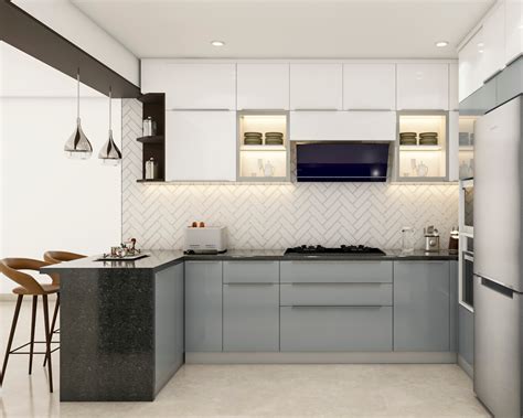 Blue And White Compact Modern Kitchen Design Idea Livspace