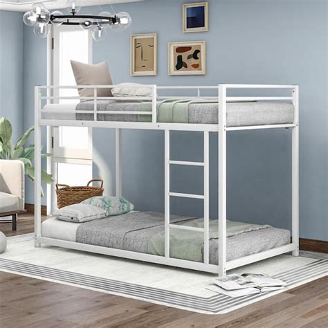 Harper Bright Designs White Twin Over Twin Metal Low Bunk Bed With