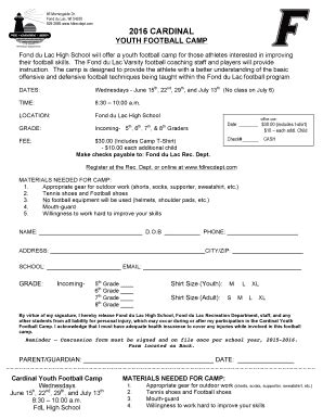 Fillable Online Youth Camp Fond Du Lac Junior Football League