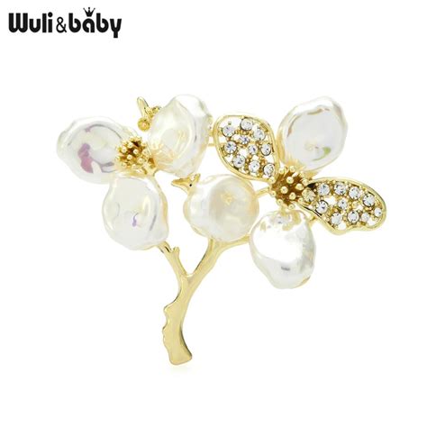 Wuli Baby Rhinestone Shell Flower Brooches For Women Unisex Party