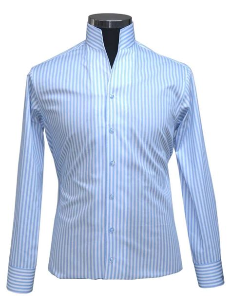 Mens High Open Collar Blue Stripes 100 Cotton Shirt Hand Made On