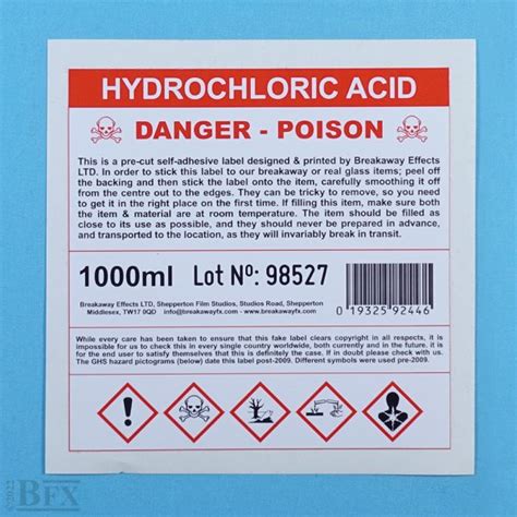 Cl Hydrochloric Acid Chemical Bottle Label Breakaway Effects