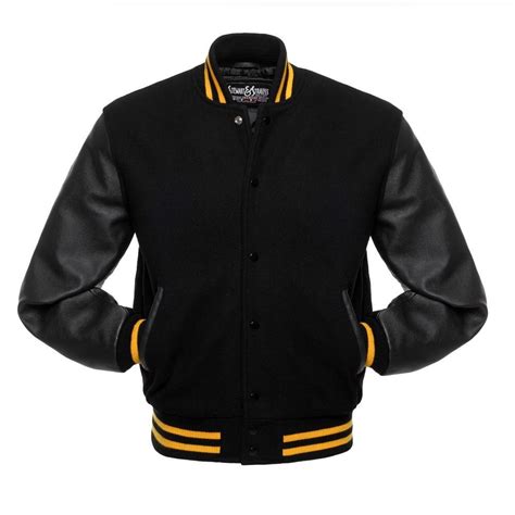 Jacketshop Jacket Black Wool Black Leather Gold Trim Varsity Jackets Varsity Jacket Leather