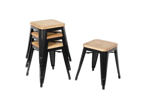 Tabourets Bistro Bas En Acier Noir Avec Assise En Bois Lot De