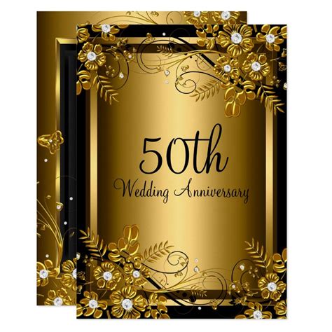 Gold Black Diamond Floral Swirl 50th Anniversary Invitation Zazzle