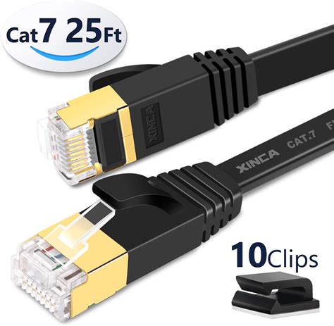 Cat 7 Flat Ethernet Cable 25ft Black High Speed 10GB Shielded STP LAN