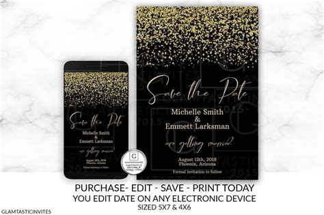 Black And Gold Save The Date Template Save The Date Card Template