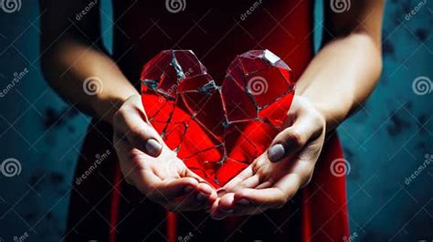 Womans Hands Are Holding A Red Broken Glass Heart A Shattered Heart Symbolizing Heartbreak