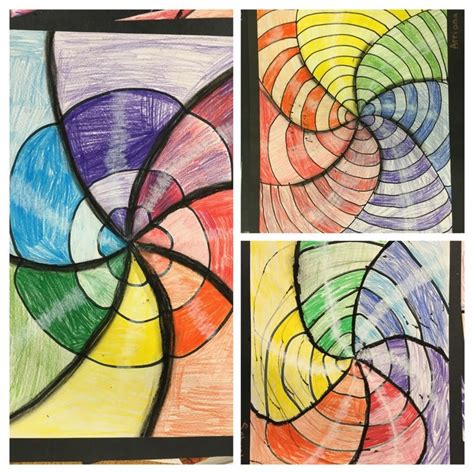 four different colored drawings on paper, each with an individual's own image in the center