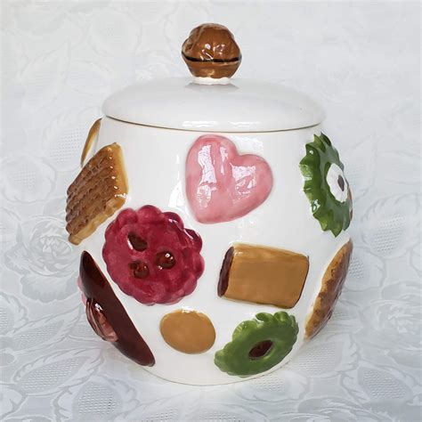 Vintage Los Angeles Potteries Cookies All Over Walnut Lid Cookie Jar Sold Aunt Gladys Attic