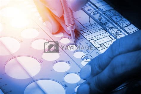Technician Using The Industrial Drawing Tools By Norgal Vectors