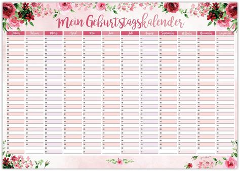 Calendrier Danniversaires Motifs Roses I DIN A3 I Calendrier Permanent