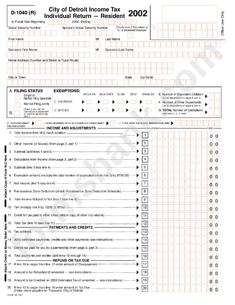 Form D 1040 R City Of Detroit Income Tax Individual Return Resident