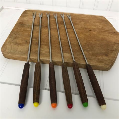 Vintage Fondue Forks 6 Piece Set In Box Wood Handle Color Etsy