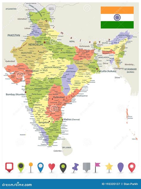 India Political Map And Flat Map Icons Stock Vector Illustration Of