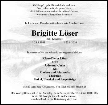 Traueranzeigen von Brigitte Löser Trauer in NRW de