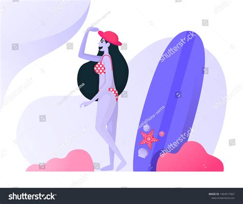 Girl Wearing Bikini Beside Surfboard While Stock Vector Royalty Free Shutterstock