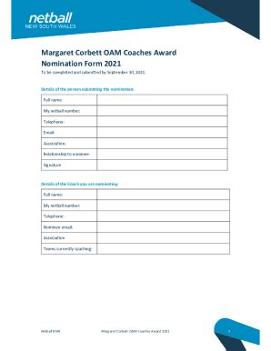 Fillable Online Margaret Corbett Oam Coaches Award Nomination Form