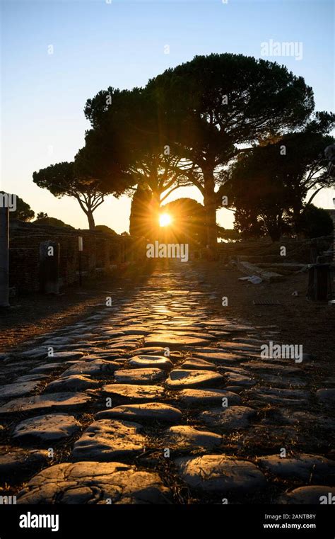 Rome Italy Ostia Antica Sunset On The Decumanus Maximus The