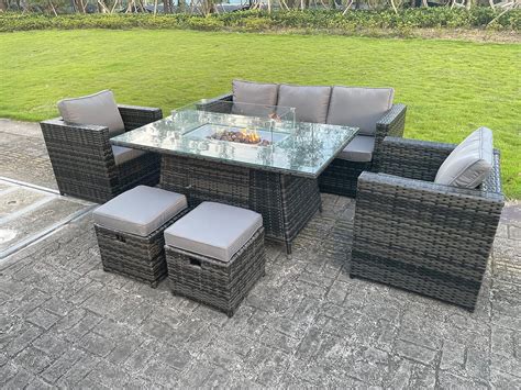 Fimous Rattan Garden Furniture Set Gas Fire Pit Table And Chairs