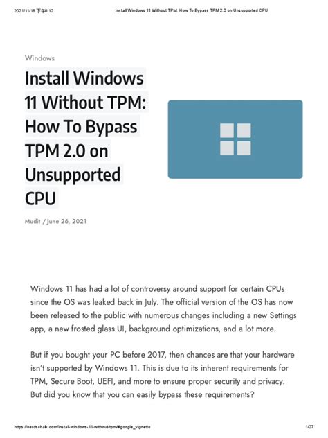 Install Windows 11 Without Tpm How To Bypass Tpm 20 On Unsupported Cpu Pdf Windows