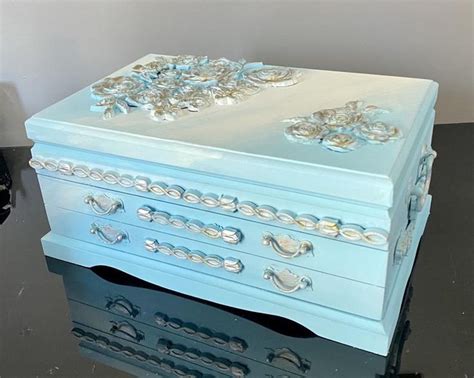 Light Blue Vintage Jewelry Box Etsy Vintage Jewelry Box Wood Jewelry Box Large Jewelry Box