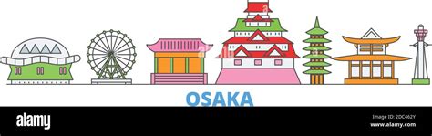 Japan Osaka Line Cityscape Flat Vector Travel City Landmark Oultine