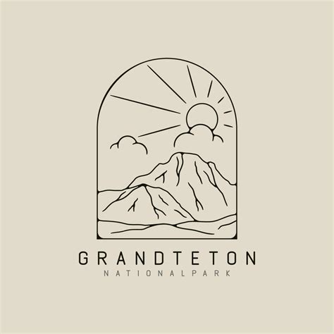 Grand Teton Mountain National Park Line Art Logo Design With Sun Burst