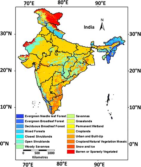 MODIS-based land cover map showing different vegetation types in India ...