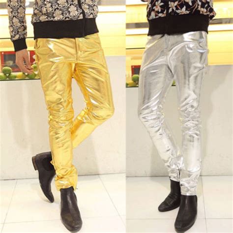 Mens Skinny Faux Pu Leather Pants Shiny Silver Gol Grandado