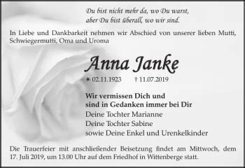 Traueranzeigen Von Anna Janke Trauer Nordkurier