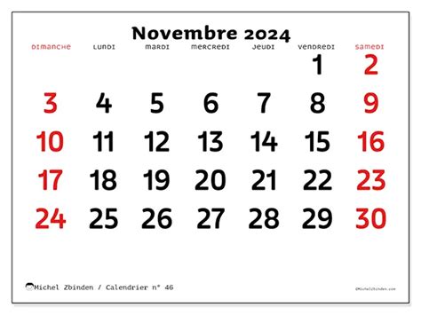 Calendrier N 46 Novembre 2024 Michel Zbinden FR