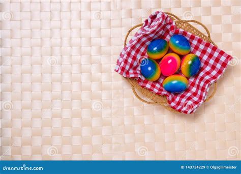 Happy Easter Decorations Background Top View Of Colorful Easter Eggs