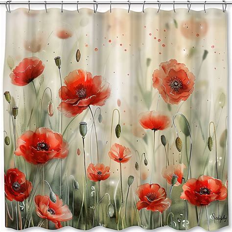 Watercolor Red Poppies Shower Curtain Set Floral Landscape Bathroom