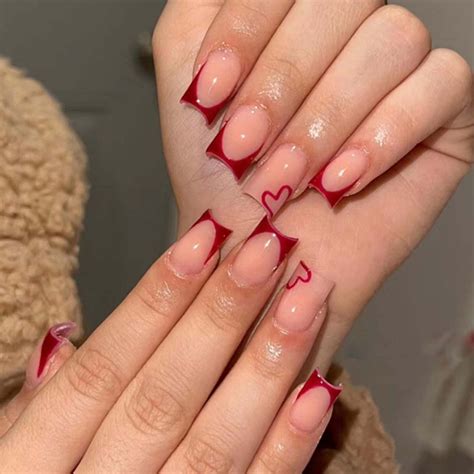 YoYoee Short Square French Press On Red False Nails 24PCS Acrylic